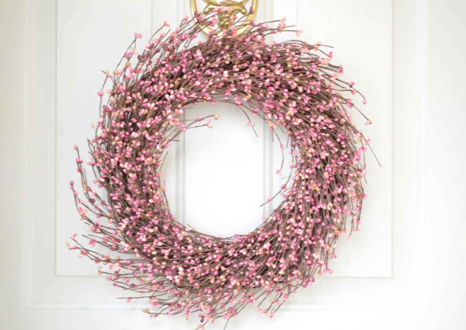 Carnation Pink Spring wreath - Pink Pip berries - front door decoration