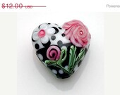 ON SALE 30% OFF Handmade Lampwork Bead 11809305 - Heart Focal Bead Black & White w/Pink Flower