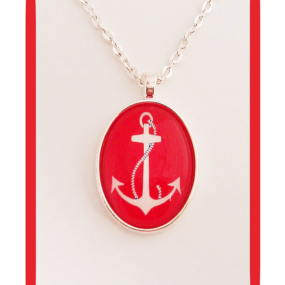 Red Anchor Nautical Silver Pendant Necklace