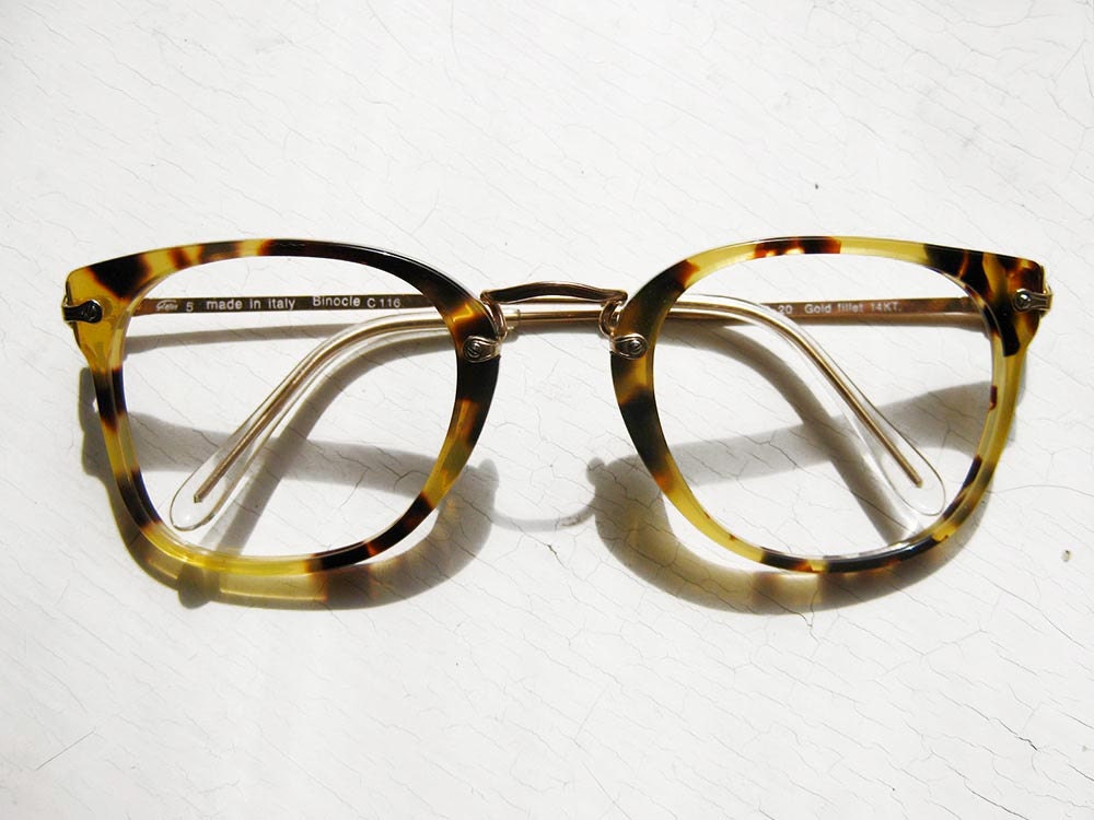 Italian 1980's Oversized Peabody Horn Rimmed Eyeglass 14k GF Frames Made in Italy Yellow Tortoise