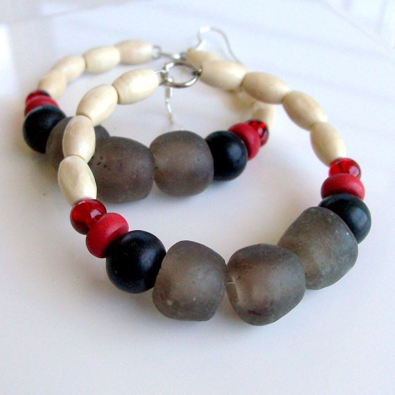 African Hoop Earrings - Beaded Glass & Wood Earrings - Wood Jewelry - stoneandbone