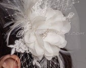 Bridal Hair Piece, Silk Flower and Lace, Netting and Tulle Accents, Birdcage Fascinator - Essence