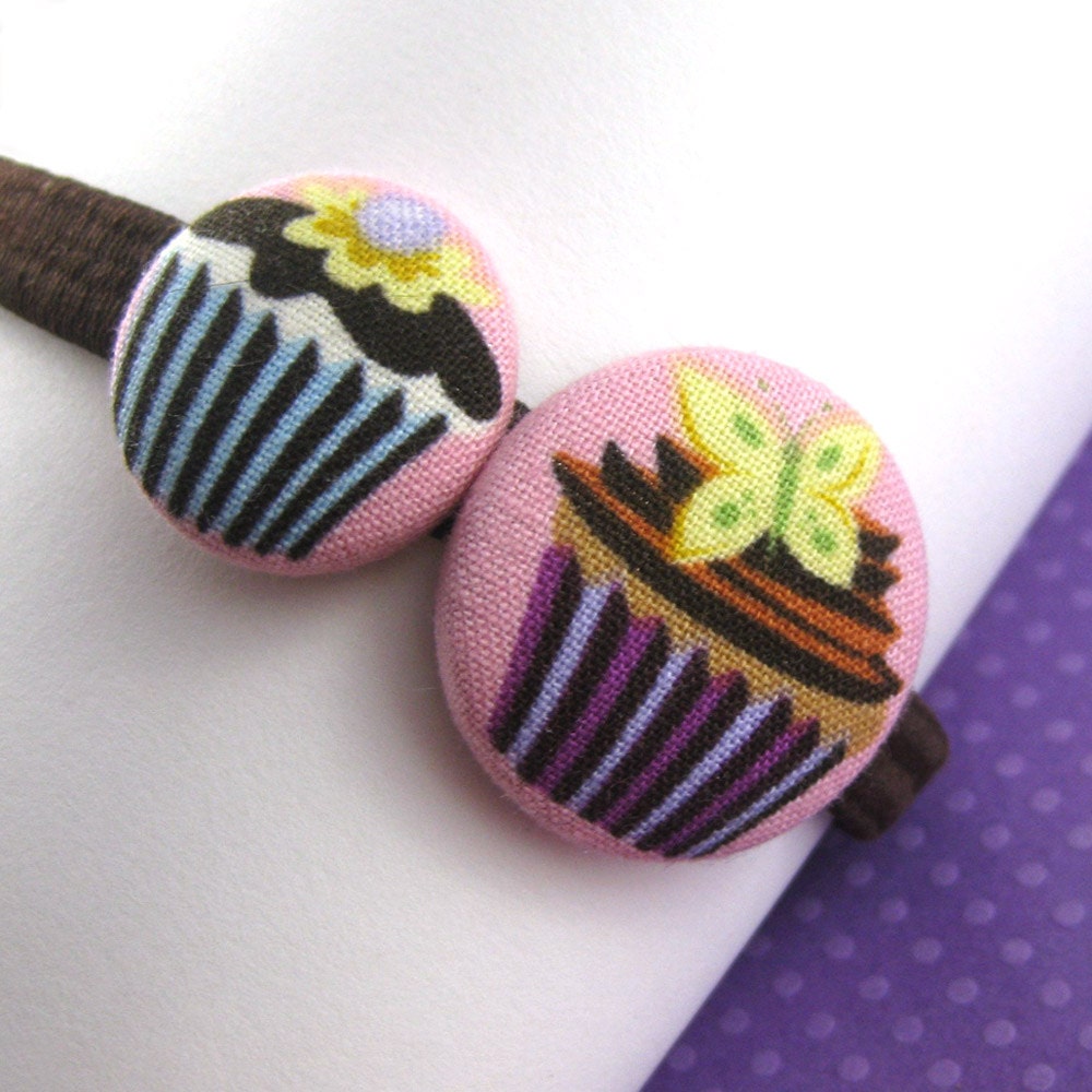Cupcake Headband - Cupcake Fabric Covered Buttons on an Elastic Headband