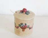 Memorial Day Sale Vintage jam pot made in Japan basket weave fruit basket and garland design with plastic serving spoon