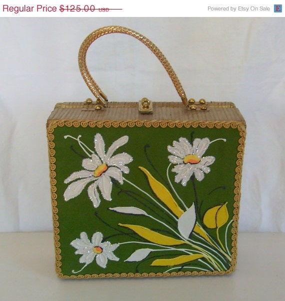 Memorial Day Sale Vintage Midas of Miami designer purse gold wicker with daisies