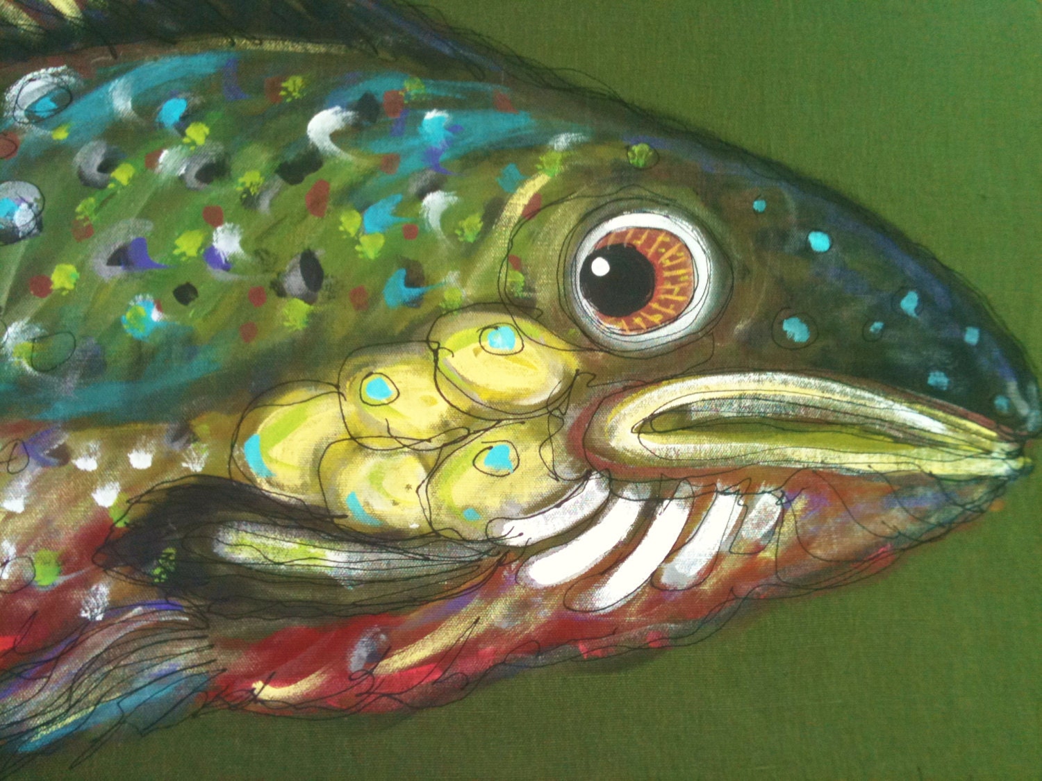 Big Fish On Linen Original LARGE Painting Ready to Ship