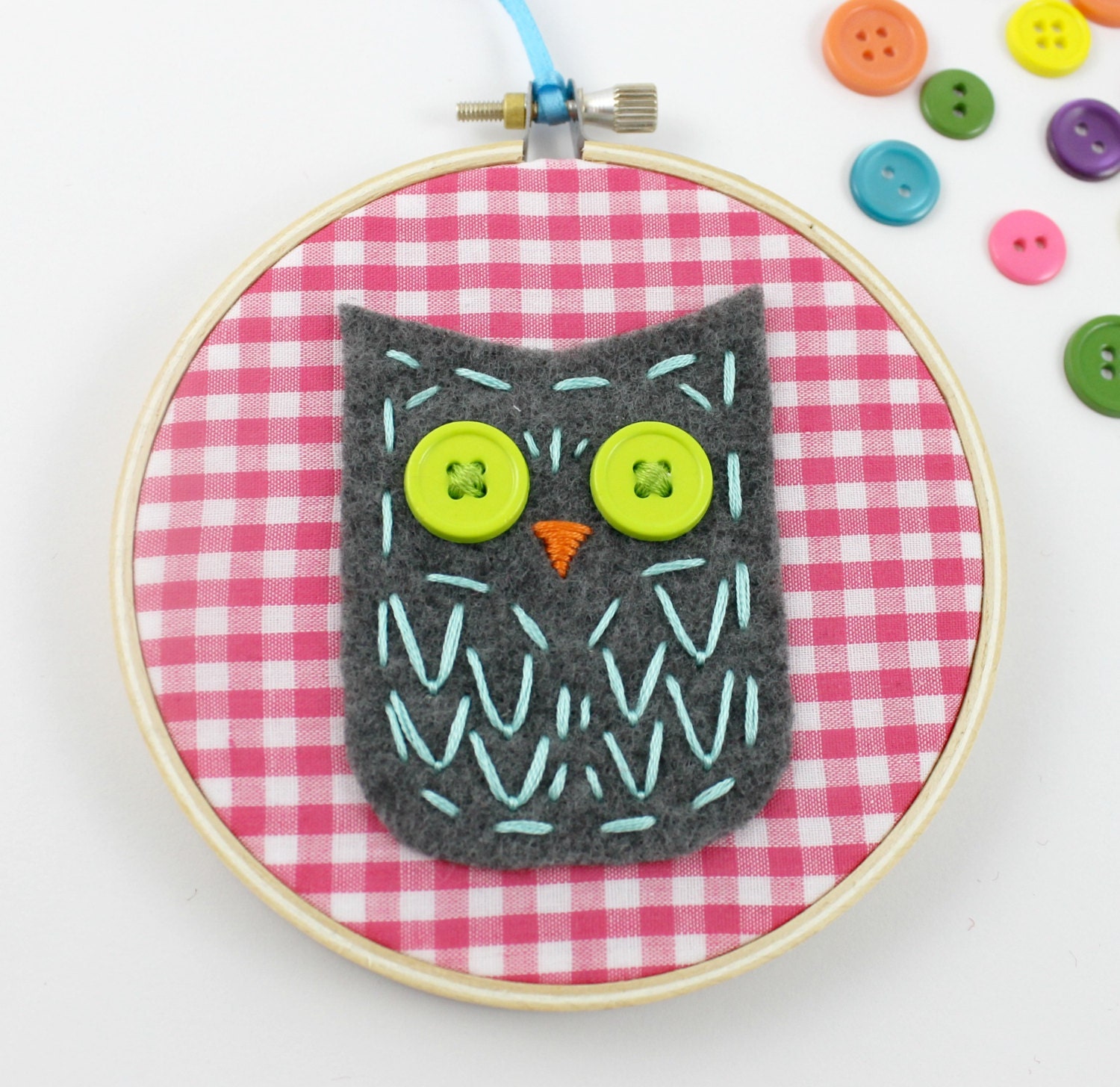 Felt Owl Embroidery Hoop Wall Art Nursery Decor Gray Pink Gingham