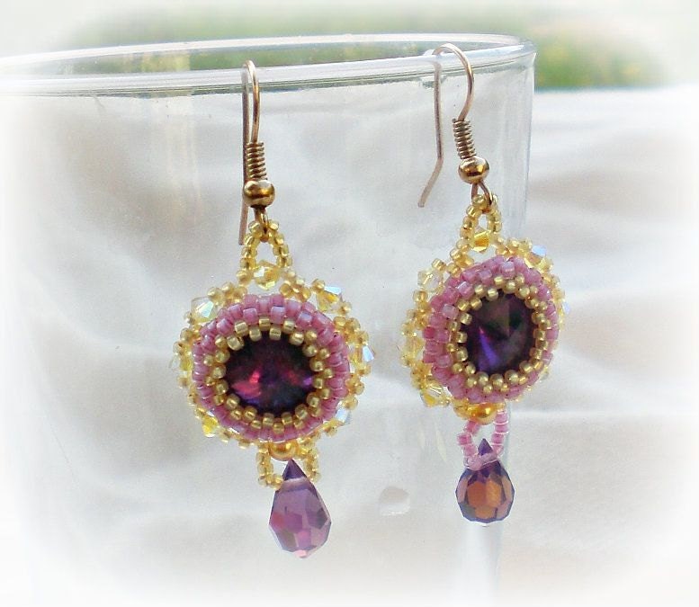 Rivoli Purple Yellow Swarovski Beaded Beadwoven Earrings Dangle Unique Jewelry Deep Purple