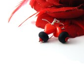 Pretty Red Heart Earrings Handcrafted in Sterling Silver, Black Lampwork Glass & Scarlet Red Hearts Earrings