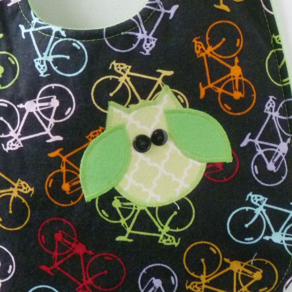 Green Owl with Bikes Appliqued Baby Bib with Snaps