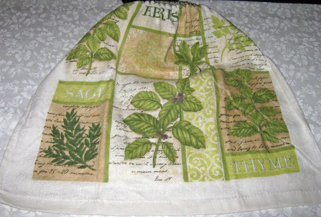 Crochet hanging Towel, white towel with Herbs light green shades, Sage green  top