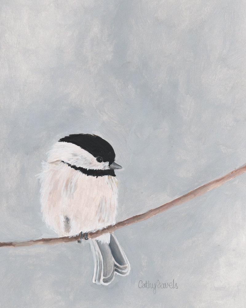 Chickadee Bird Print - Gray and White Neutral Colors - Garden Wildlife Series - 8x10