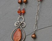 Sterling Silver Sunstone Garnet Pearl Wire Wrapped Pendant Necklace