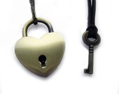 Bronze Heart Lock and Key Couples Necklace - Real working Lock Pendant