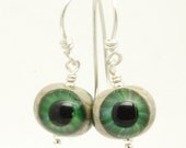 Green Glass Eyeball Earrings, Handmade Lampwork Glass Beads, Sterling Silver Wire Wrapped French Hooks - SRA