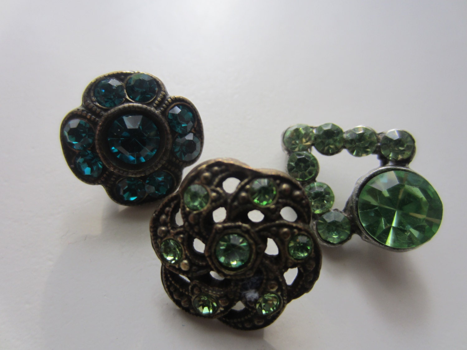 Vintage Buttons -  lot of 3 assorted, green  and blue, small rhinestone embellished, very old, antique  metal (6702)