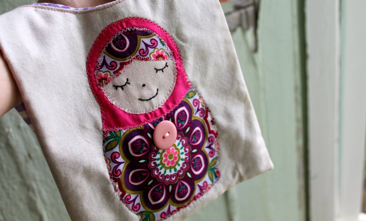 Pink babushka doll - vintage fabric kid's bag
