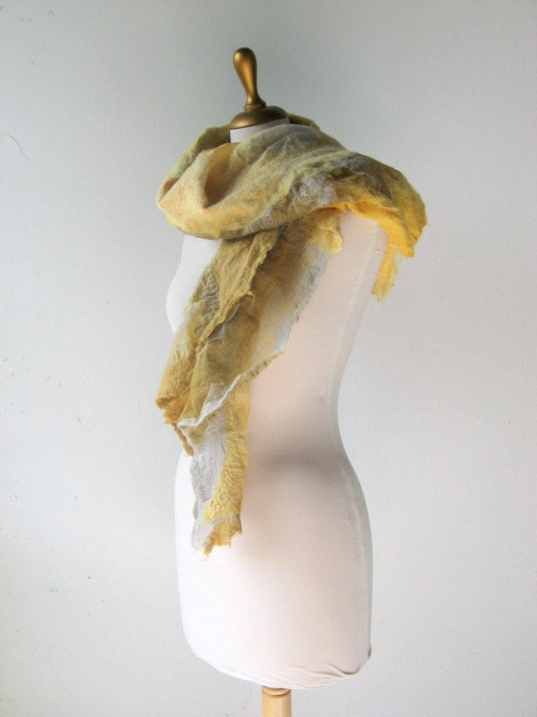 Nuno Felted Silk Organza Scarf Yellow, Lemon Zest and Grey