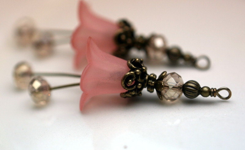 2 Piece Frosted Peach Lucite Flower with Rondelle Crystals and Brass Bead Drop Dangle Set