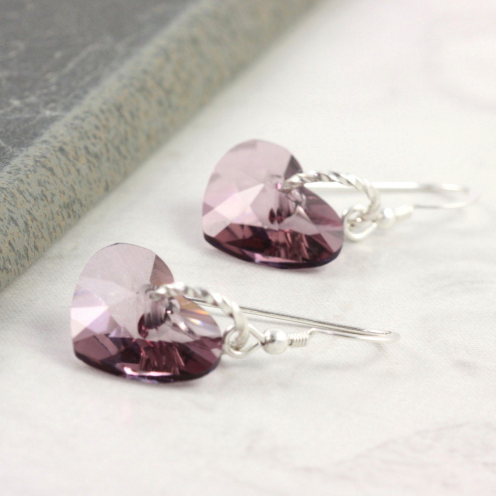Valentine Heart Earrings Antique Pink Crystal Sterling Silver Dangle Simple Dainty Minimalist Dusty Rose Mauve