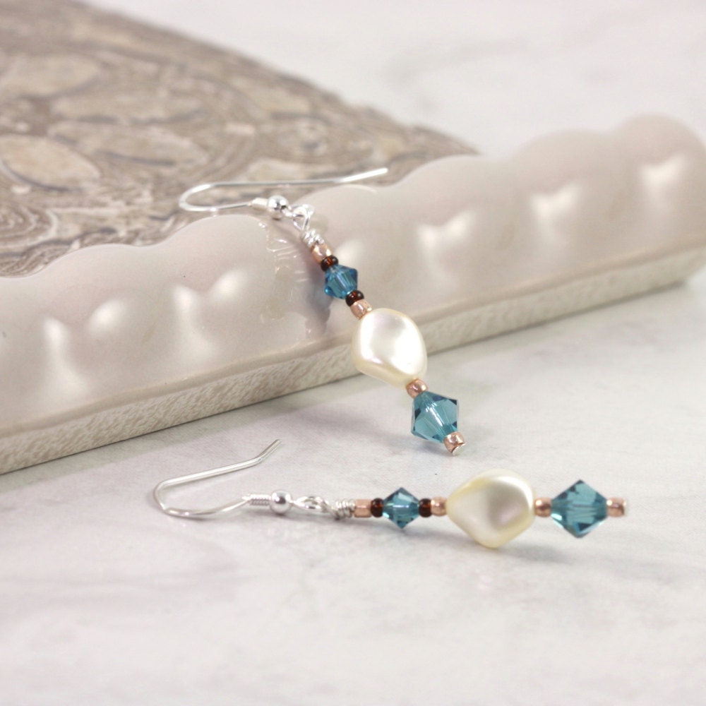 Cream Pearl Earrings Teal Blue Swarovski Crystal Sterling Silver Ear Wires