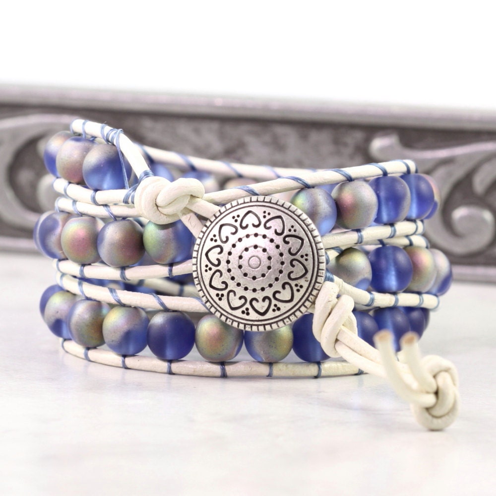 White Leather Blue Wrap Bracelet Pink Opal Iridescent Beach Fashion Triple Wrap Lavender Bohemian Jewelry  Boho Leather Wrap