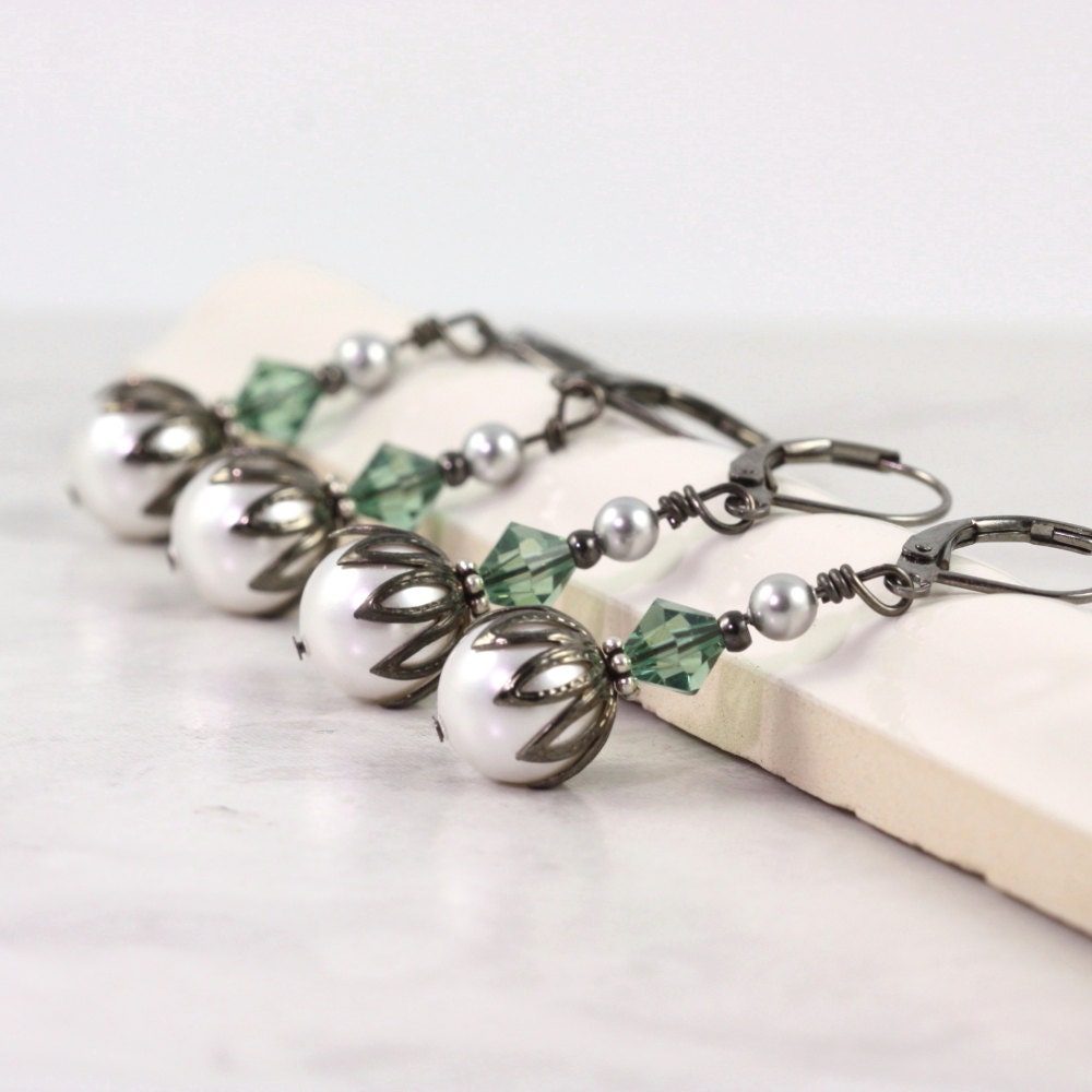 Bridal Earrings White Pearl Green Swarovski Crystal Gunmetal Winter Bridal Collection