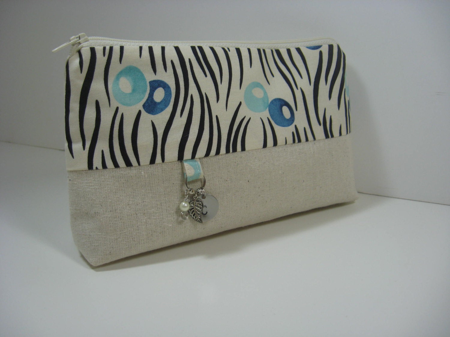 Personalized Clutch, Initialed, Bridesmaid Gift, Stamped Charm - Aqua and Blue