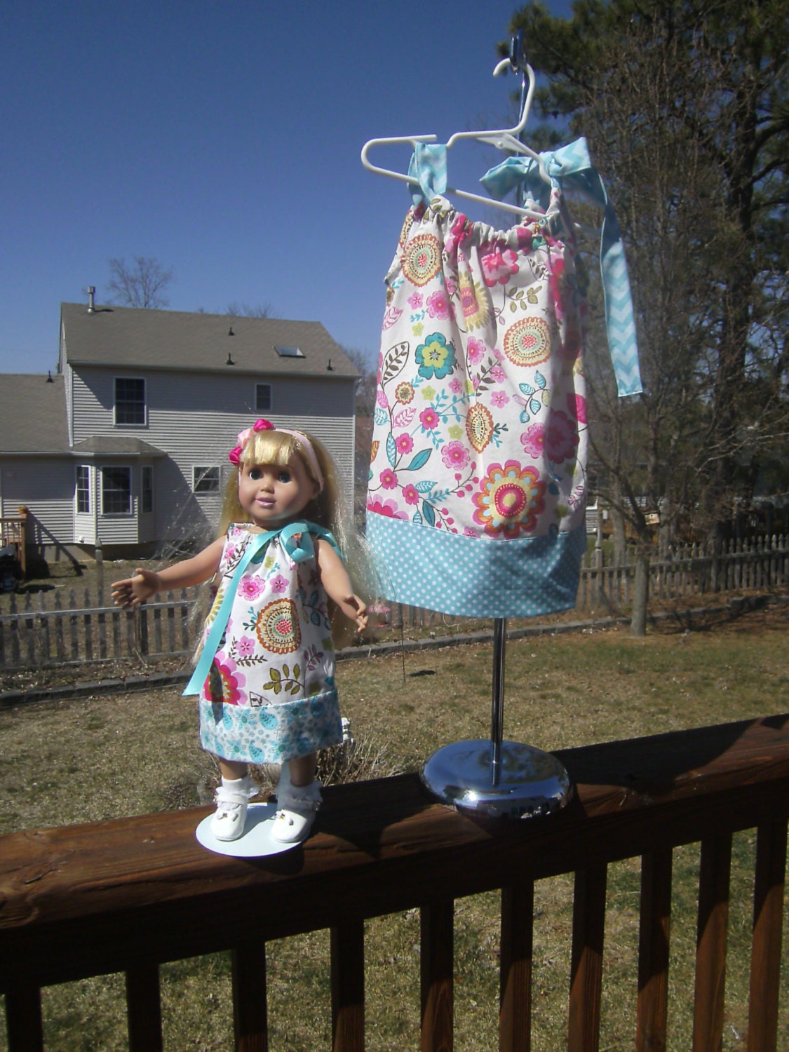 Girls Dress, Dolly and Me, Pillowcase Matching Dresses, American Girl, Bright,Blue,Pink, Newborn-8 girls