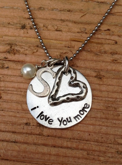 Hand Stamped I love You More Necklace with Initial Charm Sterling Silver
