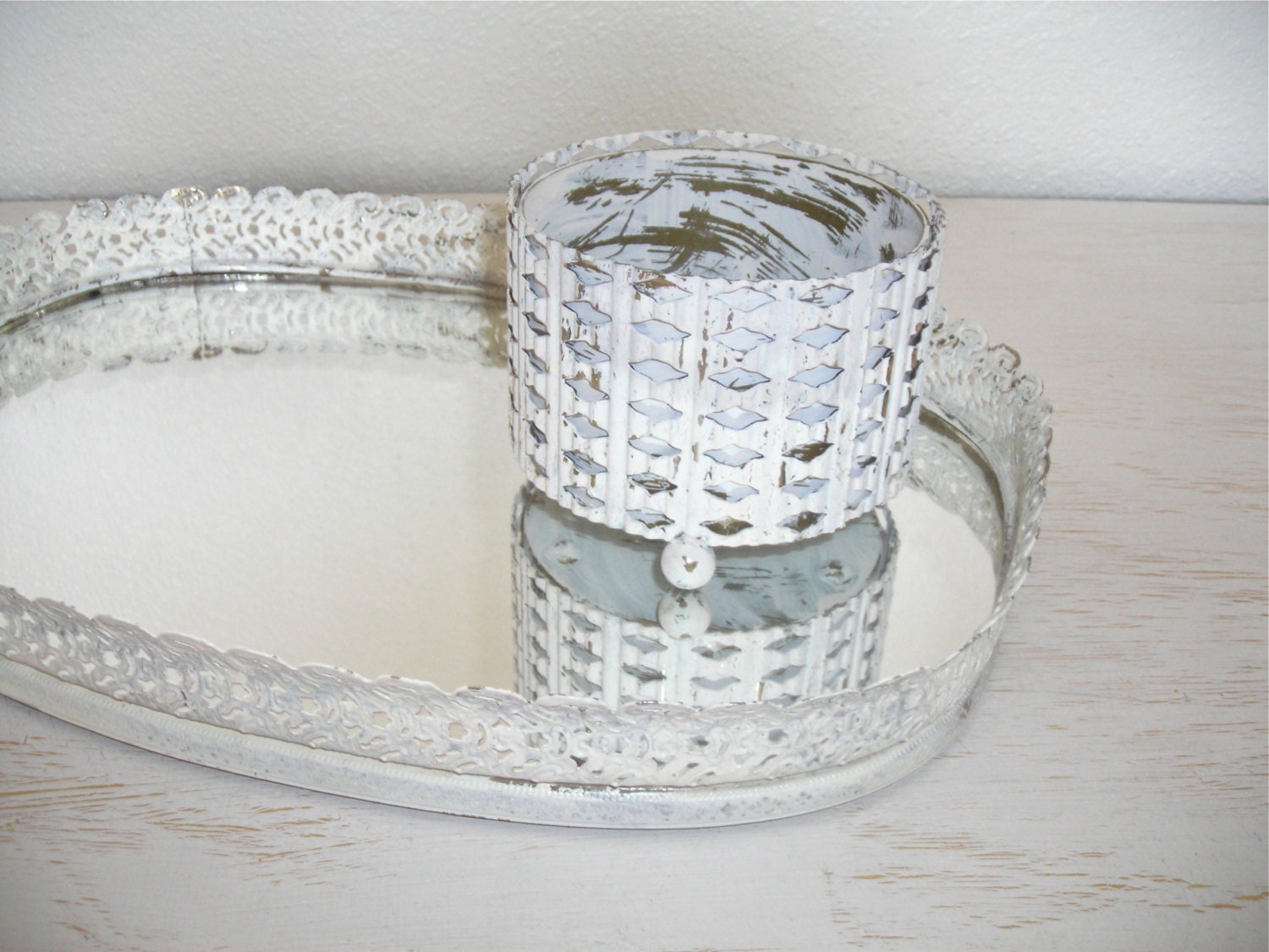 creamy white and gold filigree mirror tray and footed metal dresser caddy - vintage shabby beach chic - romantic distressed cottage