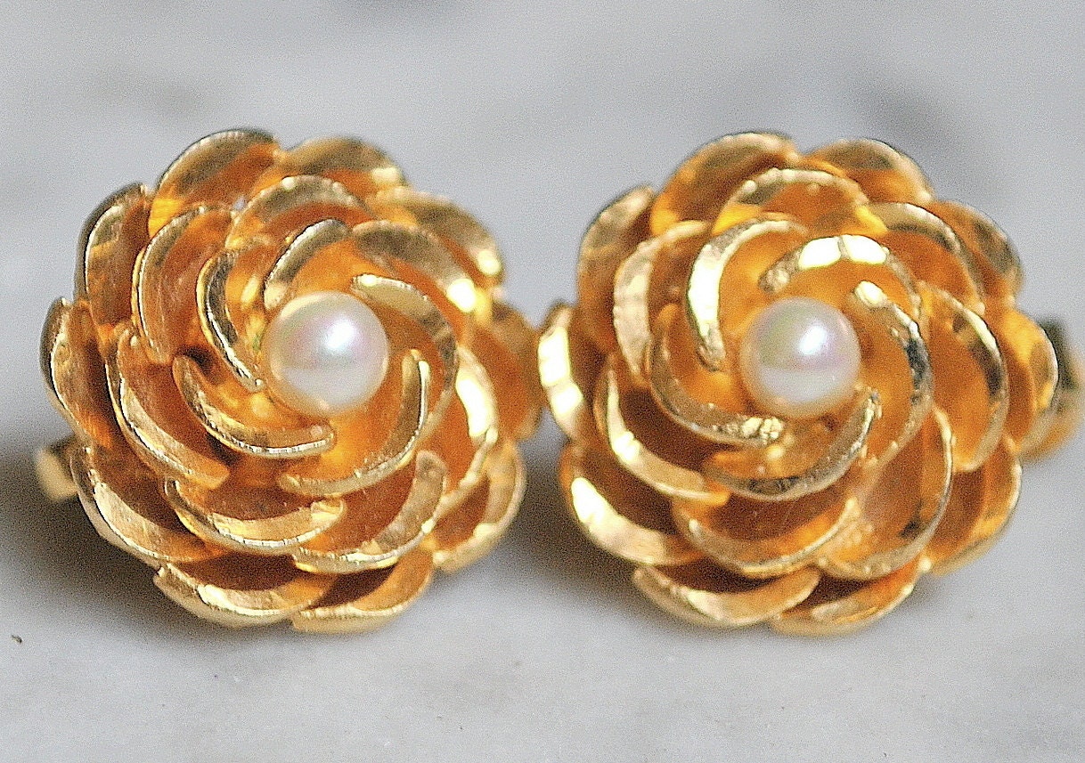 Vendome Gold Flower Earrings with Pearl Centers