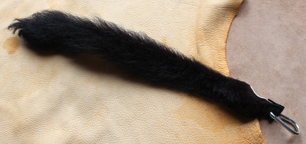 Cow tail - real eco-friendly domestic black calf fur totem dance tail on extra strong carabiner keychain for shamanic ritual and dance