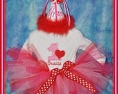 5 Pc. VALENTINE  Set, First Birthday Valentine Outfit, Valentine Birthday Hat, Onesie, Bib, Ribbon Bloomers and Tutu, by Gingham Bunny
