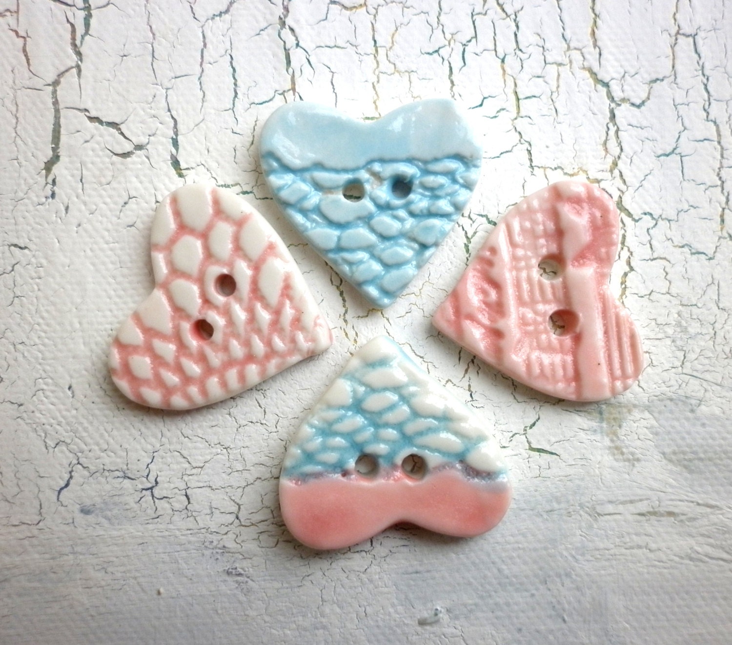 Have a heart, A set of 4 handmade ceramic sew on heart buttons