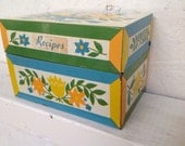 Vintage recipe box . Folk art enamel on metal . Great for organizing . Stylish in any decor