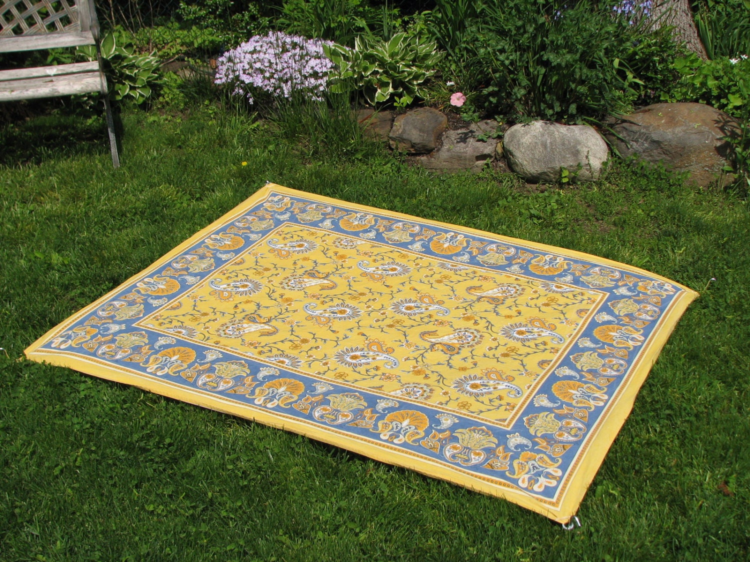 Sunny Yellow and Blue Paisley Picnic Blanket, Stake Down Design
