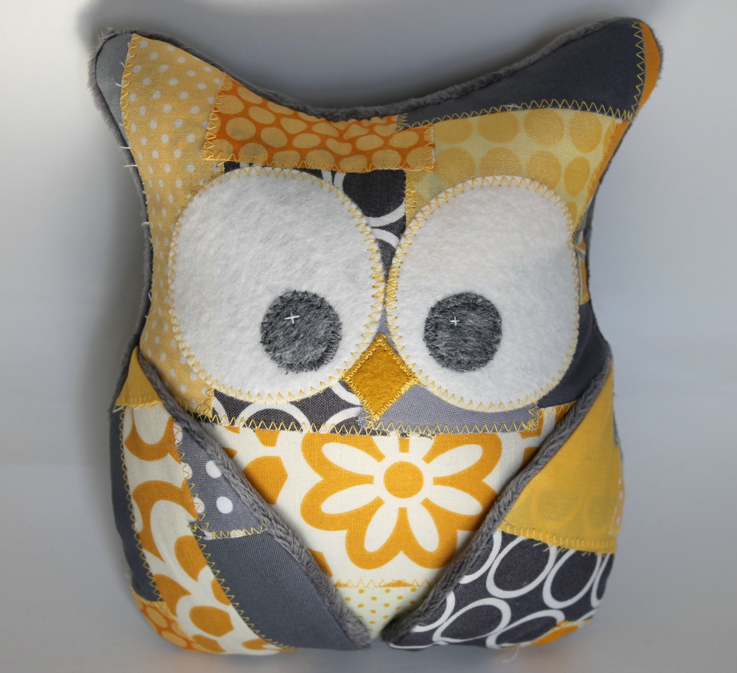 Plush Owl Pillow - patched owl- minky - yellow and grey