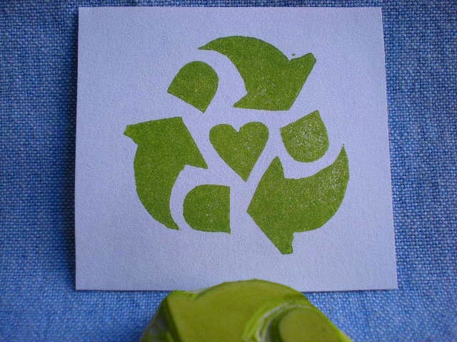 recycle stamp with heart, hand carved rubber stamp, handmade rubber stamp