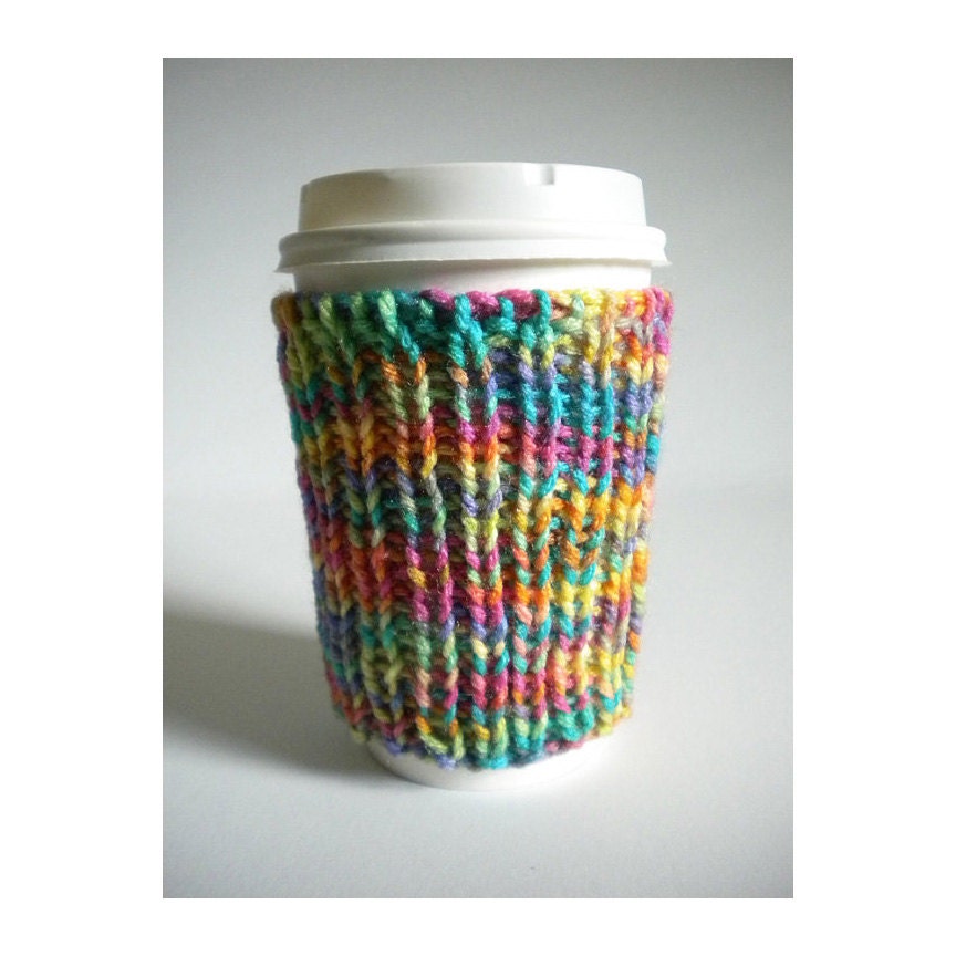 Rainbow Cup Cozy - Hand Knit - Reversible Stretch To Go Cup Cosy Sweater
