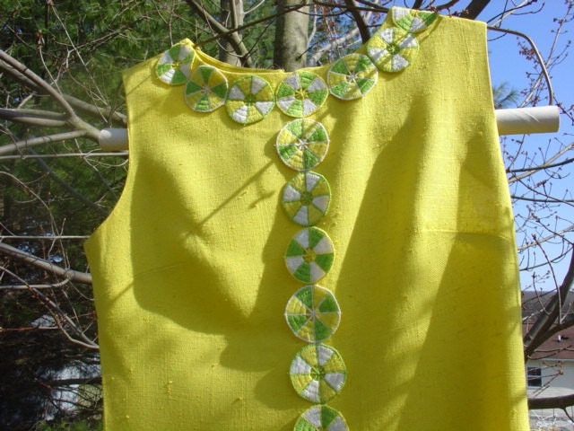 Bleeker Street Yellow Linen Sleeveless  A-Line Dress with Crocheted Pinwheel Accents
