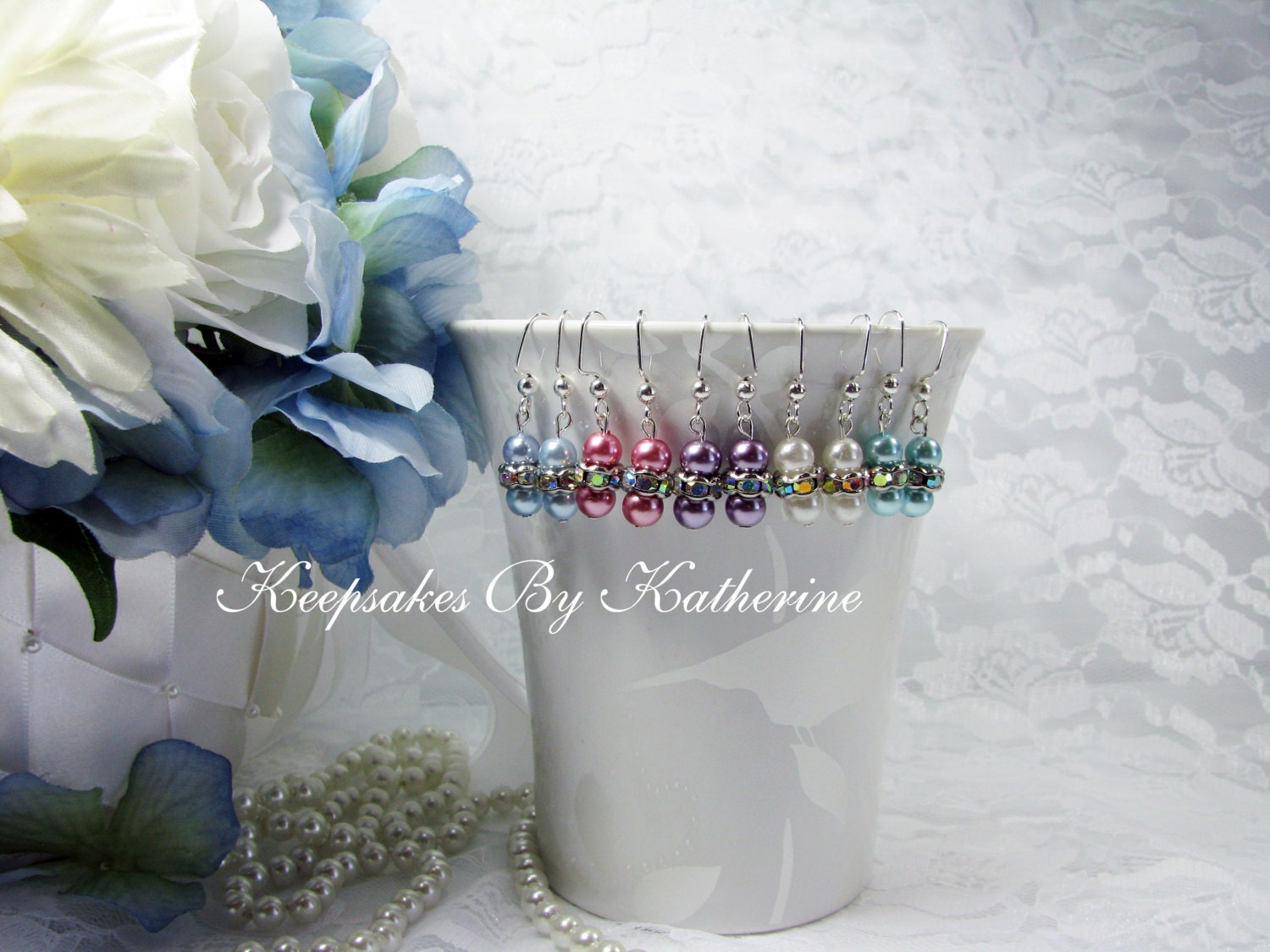 Made to order Set of Five Pearl  Earrings, Bridesmaid Gifts, Family Portraits