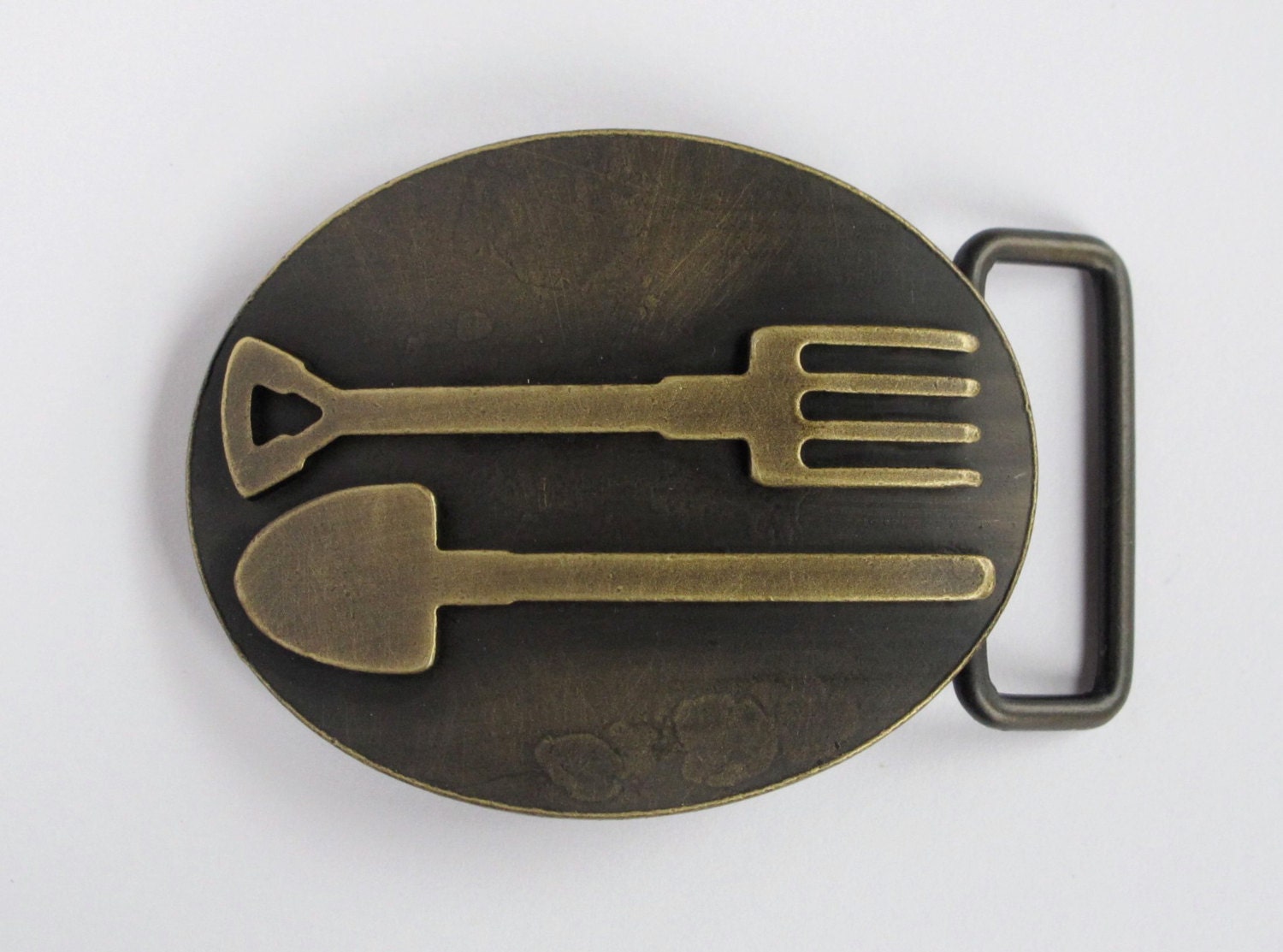 Brass American Gothic Belt Buckle Pitchfork and Shovel