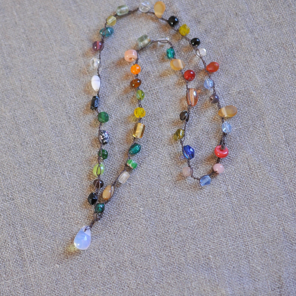Crocheted multicolor festival necklace with opalite drop pendant