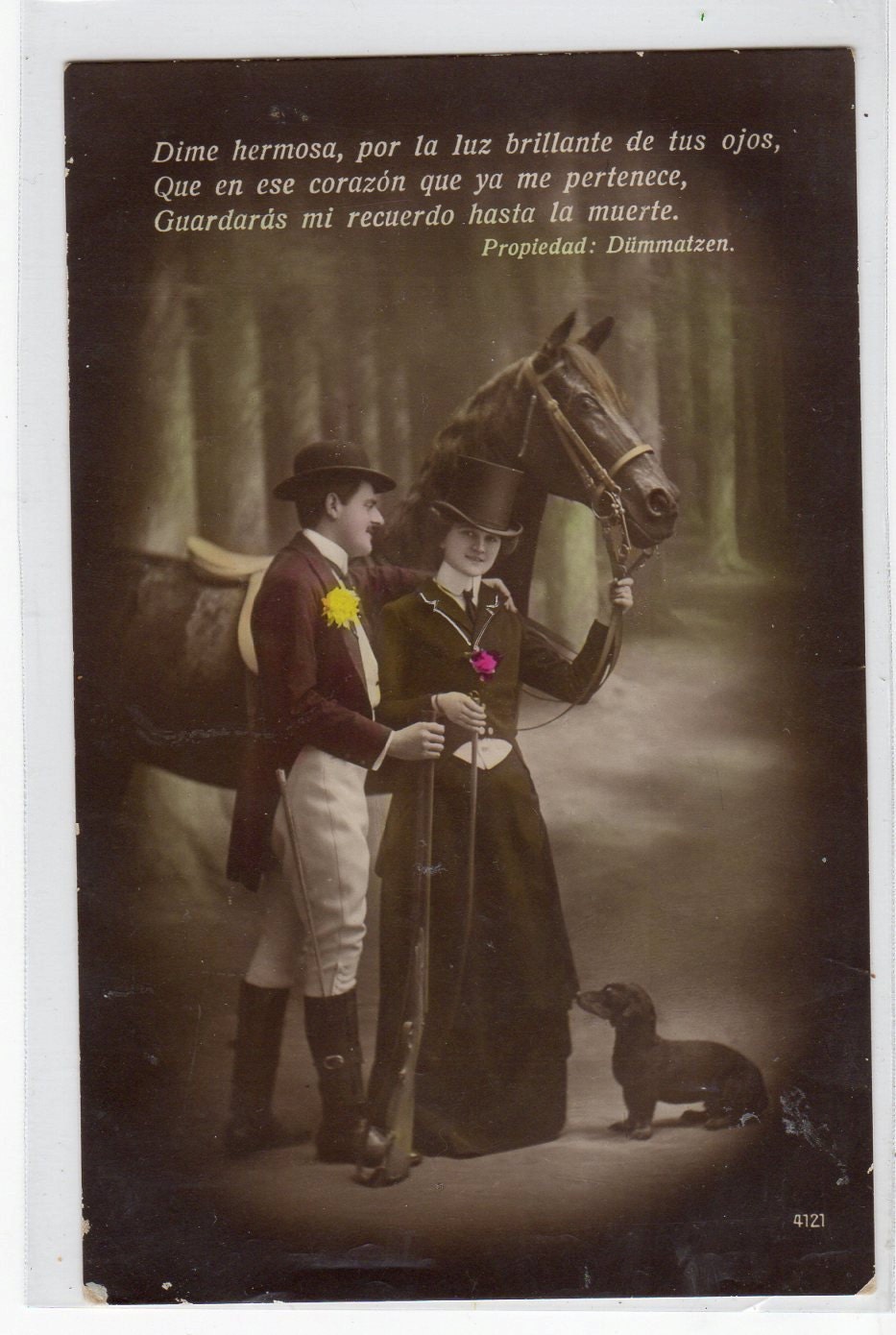 Beautiful real photo postcard Couple with their horse and dog Very nice Spanish Postcard