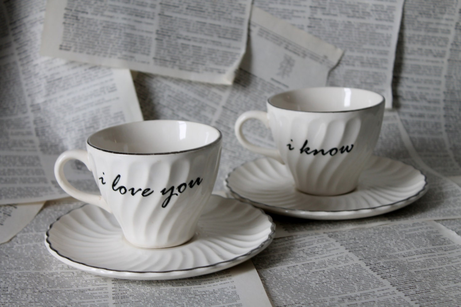 White Swirled I love you I know altered vintage teacup set