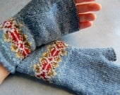 Fair Isle Fingerless Gloves Slate Blue, Red, Mustard, Grey