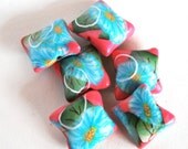 Teal Beads Pink Beads with Flowers with White Polymer Clay Handmade