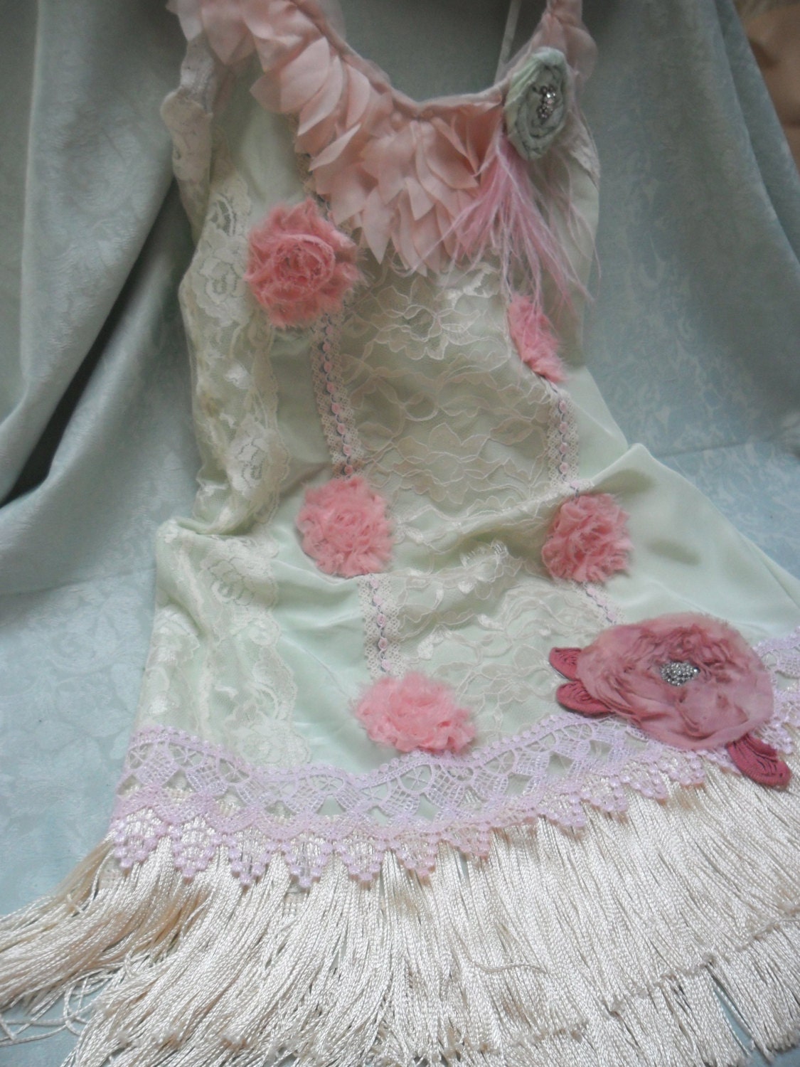 FLAPPER Great Gatsby 1920s Speakeasy Jazz Age Roaring 20s - Vintage Slip Make Over -Mint Green and Pinks