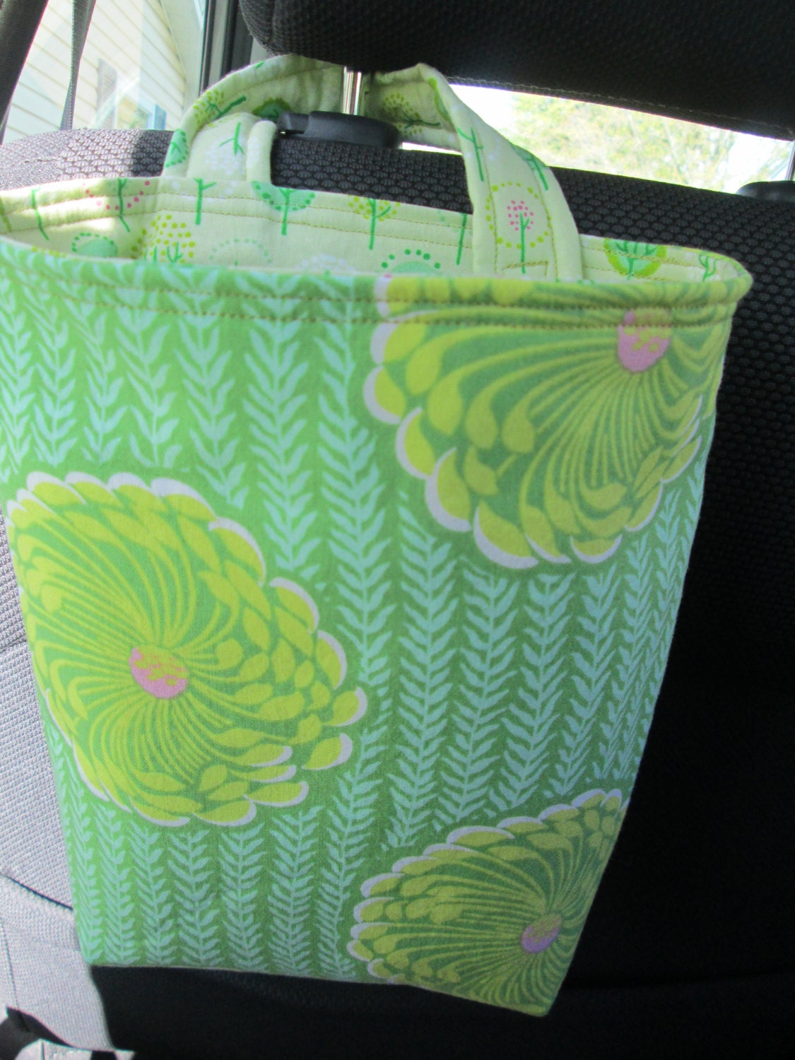 Car Trash or Litter Bag Reusable in Lemon and Lime Green Flowers